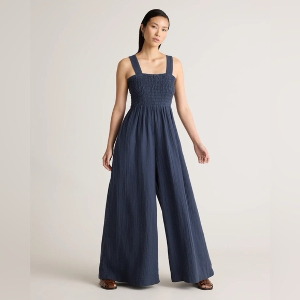 Quince Navy Wide-Leg Smocked Jumpsuit